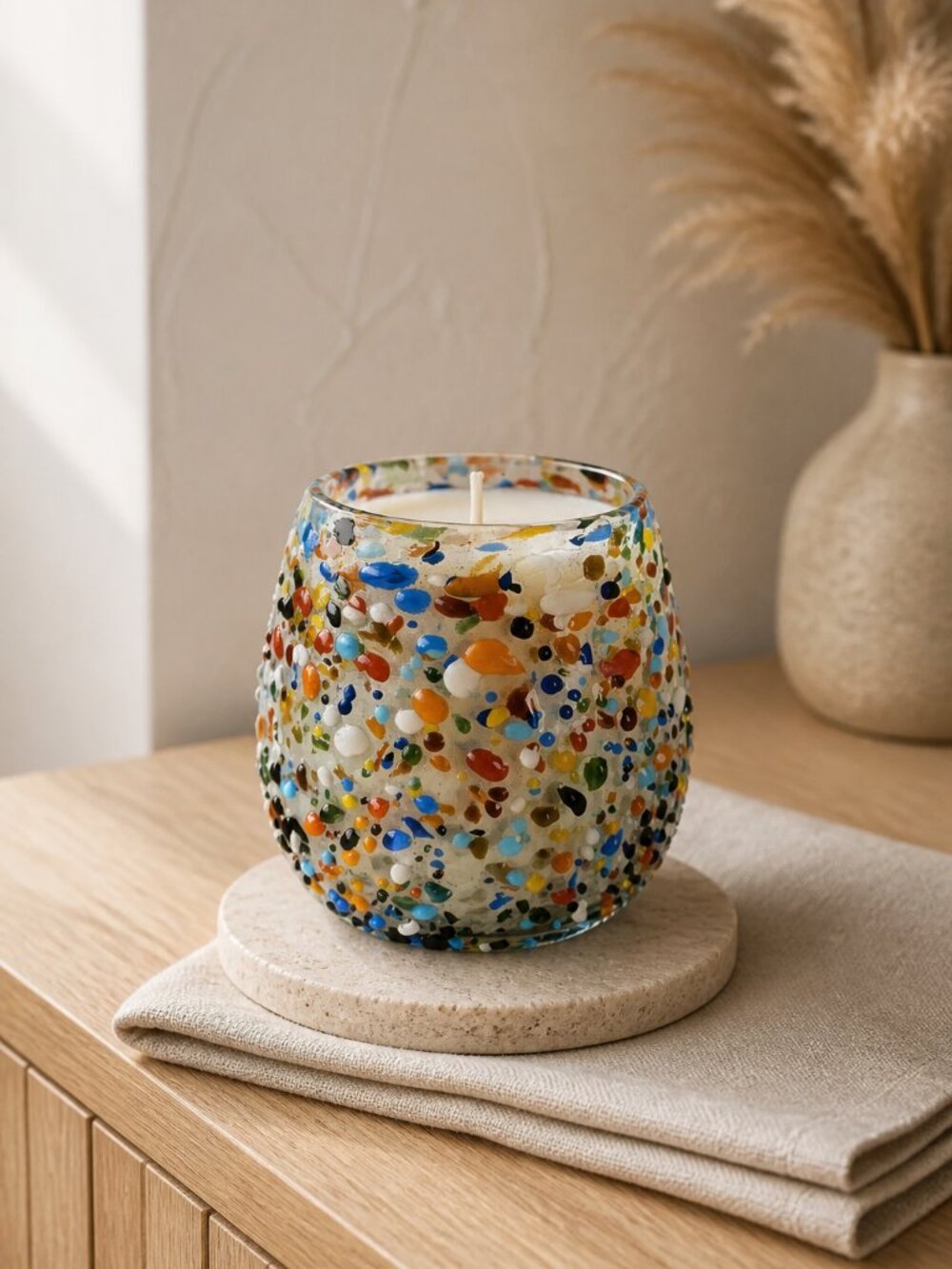 Mexican‎ Glass Jar Pebbled Multi-colored Soy Wax Candle -Light Sandalwood Scent
